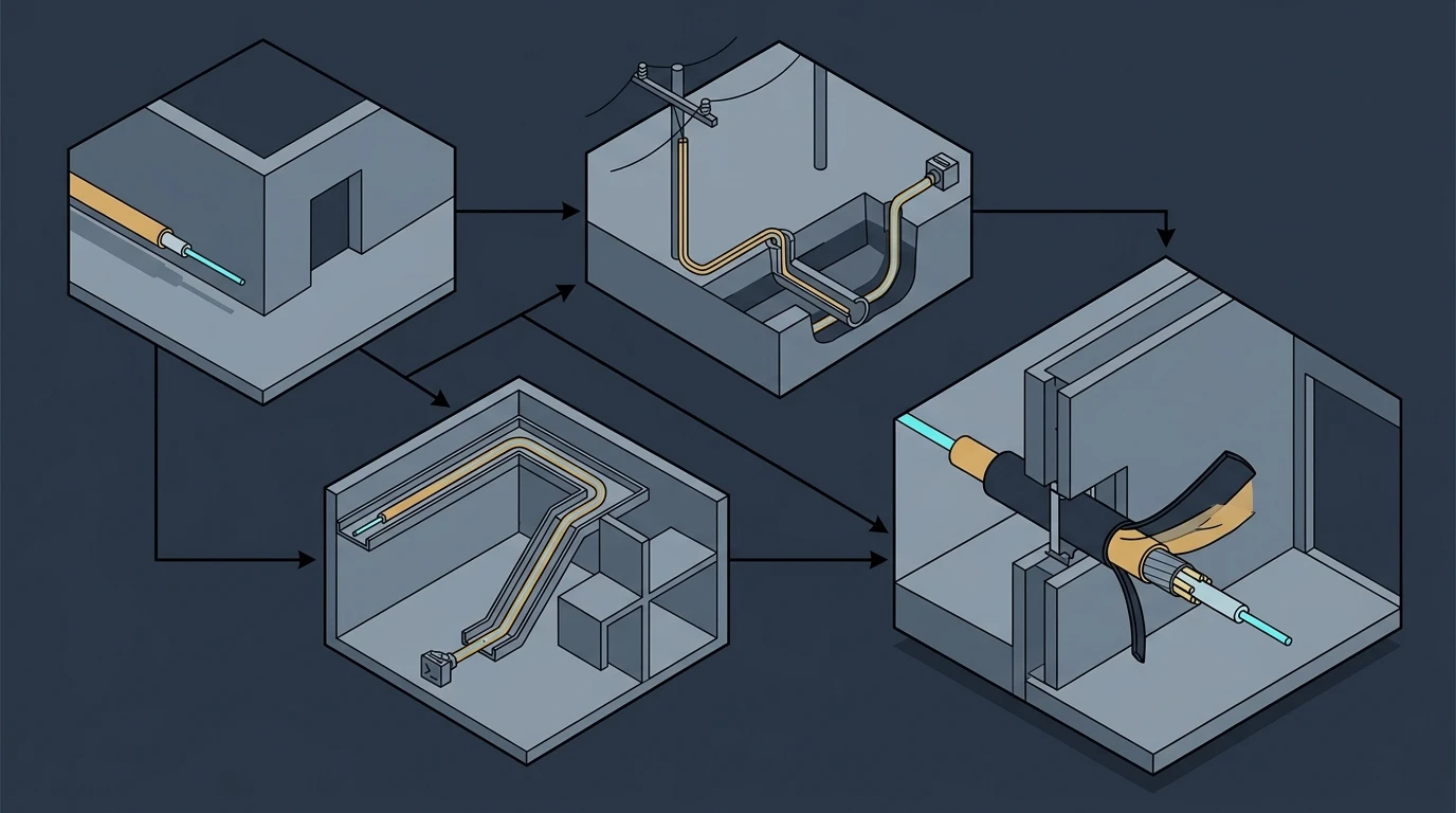 Four-panel flow of fiber routes: a bare wall penetration, an aerial run into a wall-mounted box, an indoor cable tray, and a crossing where the outer jacket is stripped back to the inner cable