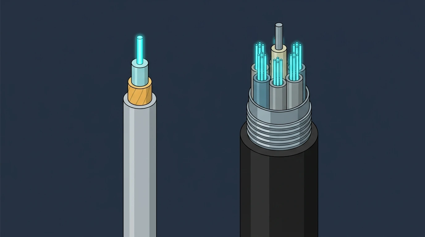 Cutaway comparison of a slim indoor tight-buffered cable beside a thick armored outdoor loose-tube cable, every layer exposed