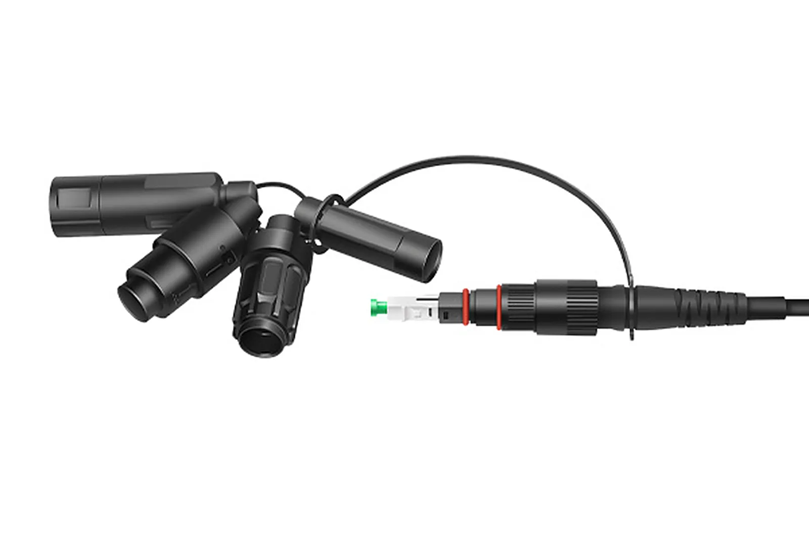 Four interchangeable outdoor SC adapter heads — Slim, Optitap, Fastconnect and ZTE styles — beside a green SC/APC connector