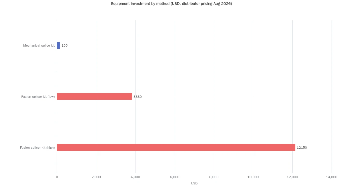 Bar chart comparing typical equipment investment for fusion splicing versus mechanical splicing, with fusion splicer kits at $3,830 to $12,150 and a mechanical splice kit at $155