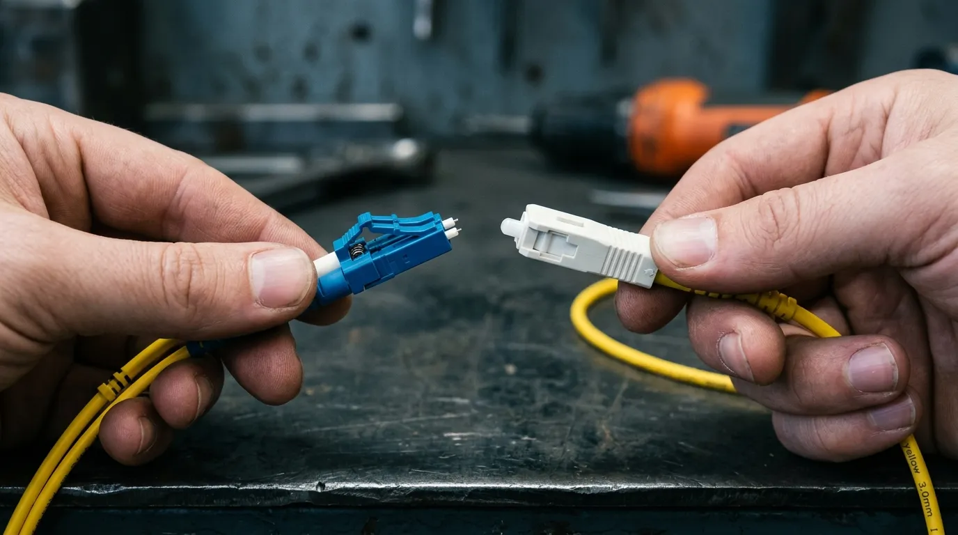 Side-by-side comparison of an LC connector latch tab and an SC connector sliding push-pull sleeve