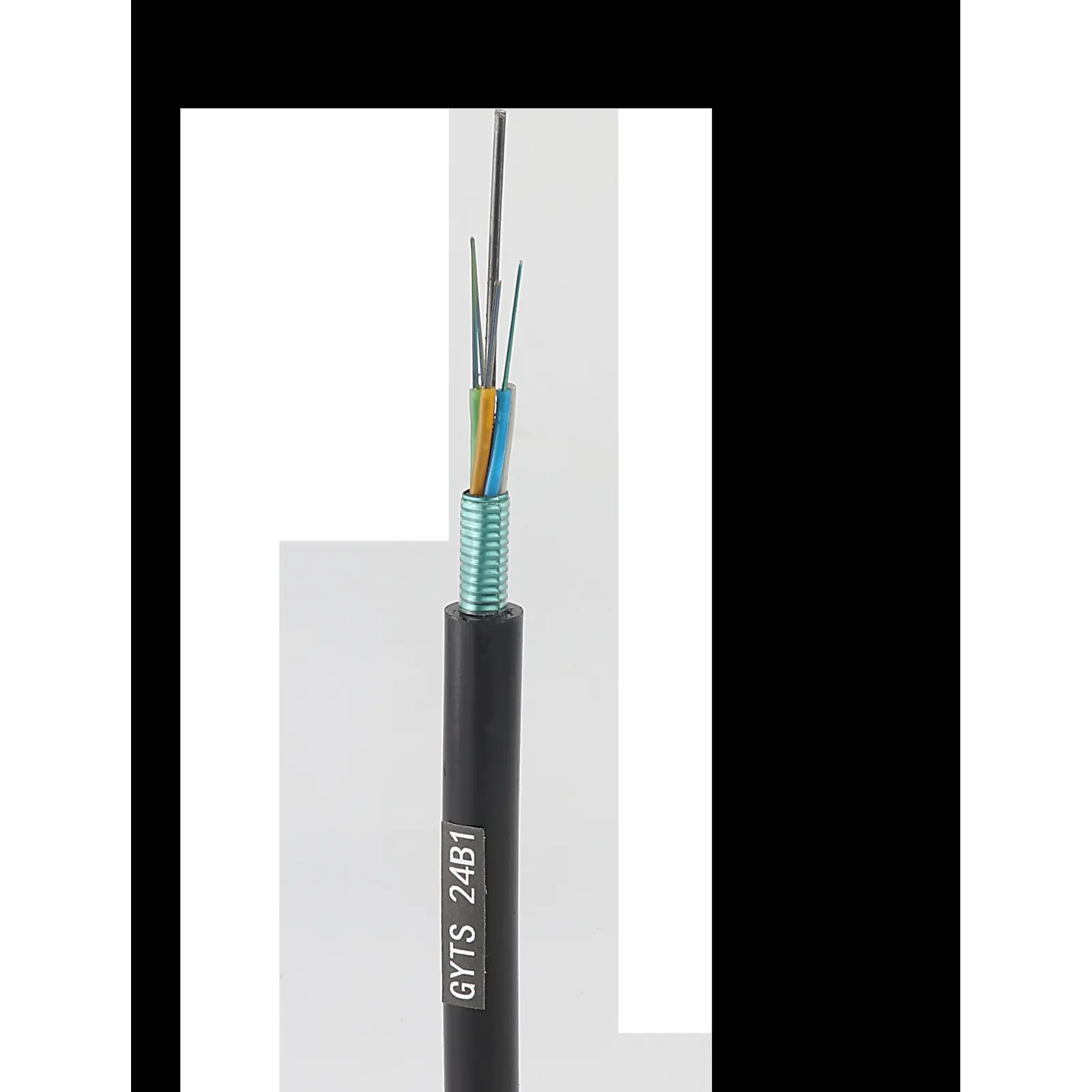 Stripped loose-tube armored outdoor cable showing the black PE jacket, corrugated steel tape, colored loose tubes and printed jacket markings