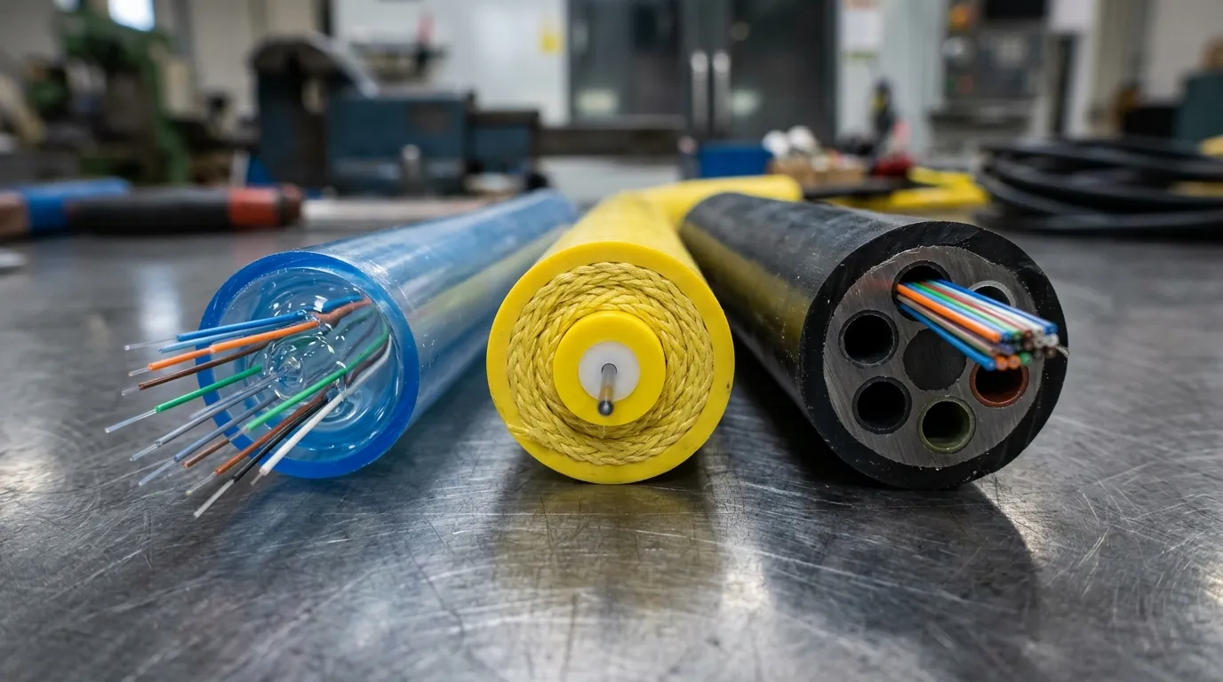 Macro cutaway comparing three cable core structures: a gel-filled loose tube, a tight-buffered simplex cable and a flat fiber ribbon.