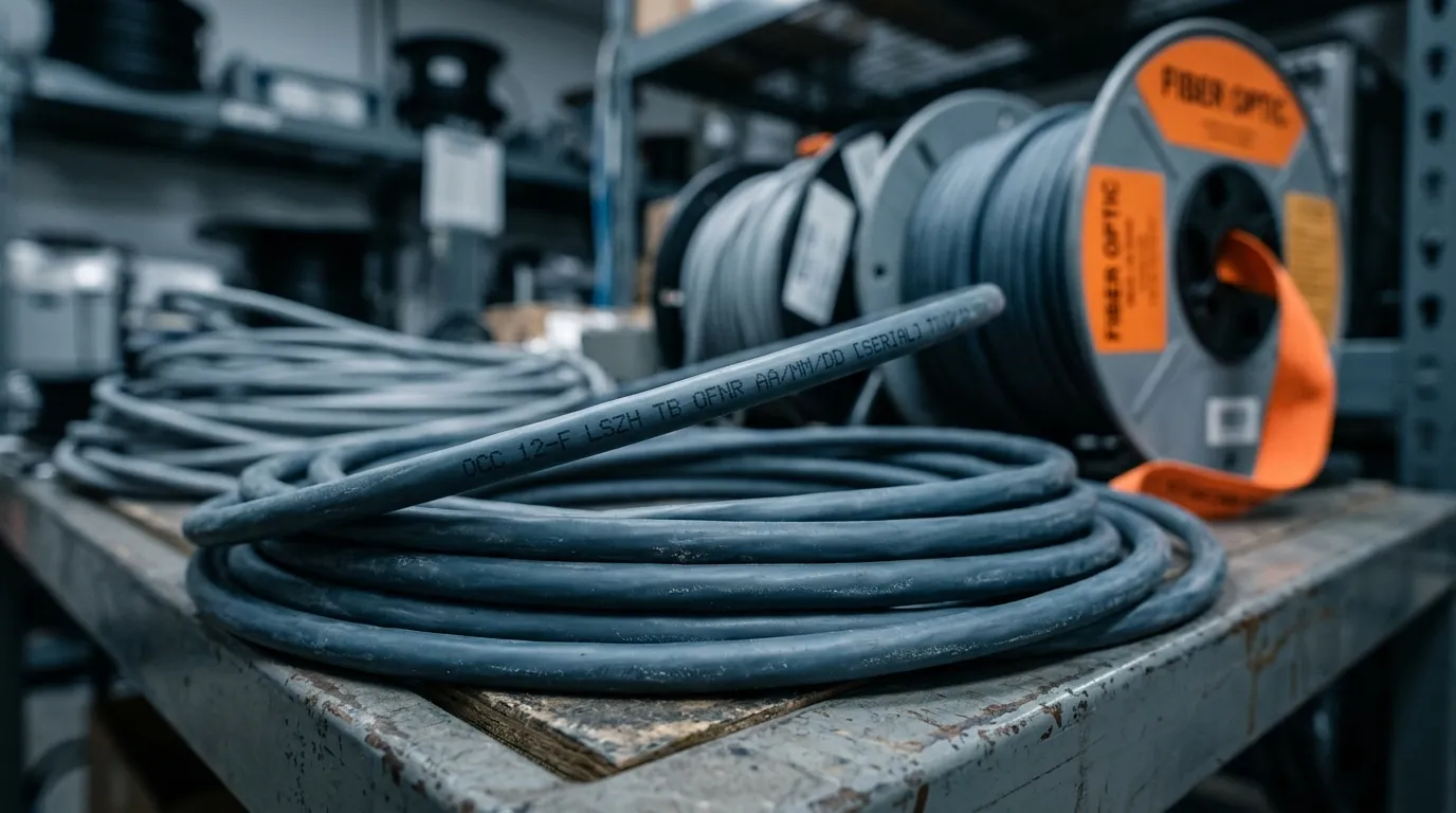 Macro close-up of an LSZH fiber optic cable jacket with printed cable markings, the low-smoke zero-halogen material behind Dca and Cca classes
