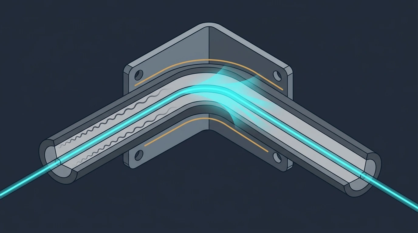Illustration of a macrobend in a fiber optic cable showing light coupling from the core into the cladding