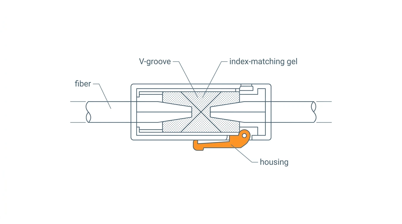 Cutaway schematic of a mechanical fiber splice housing showing two cleaved fiber ends meeting in a V-groove filled with index-matching gel