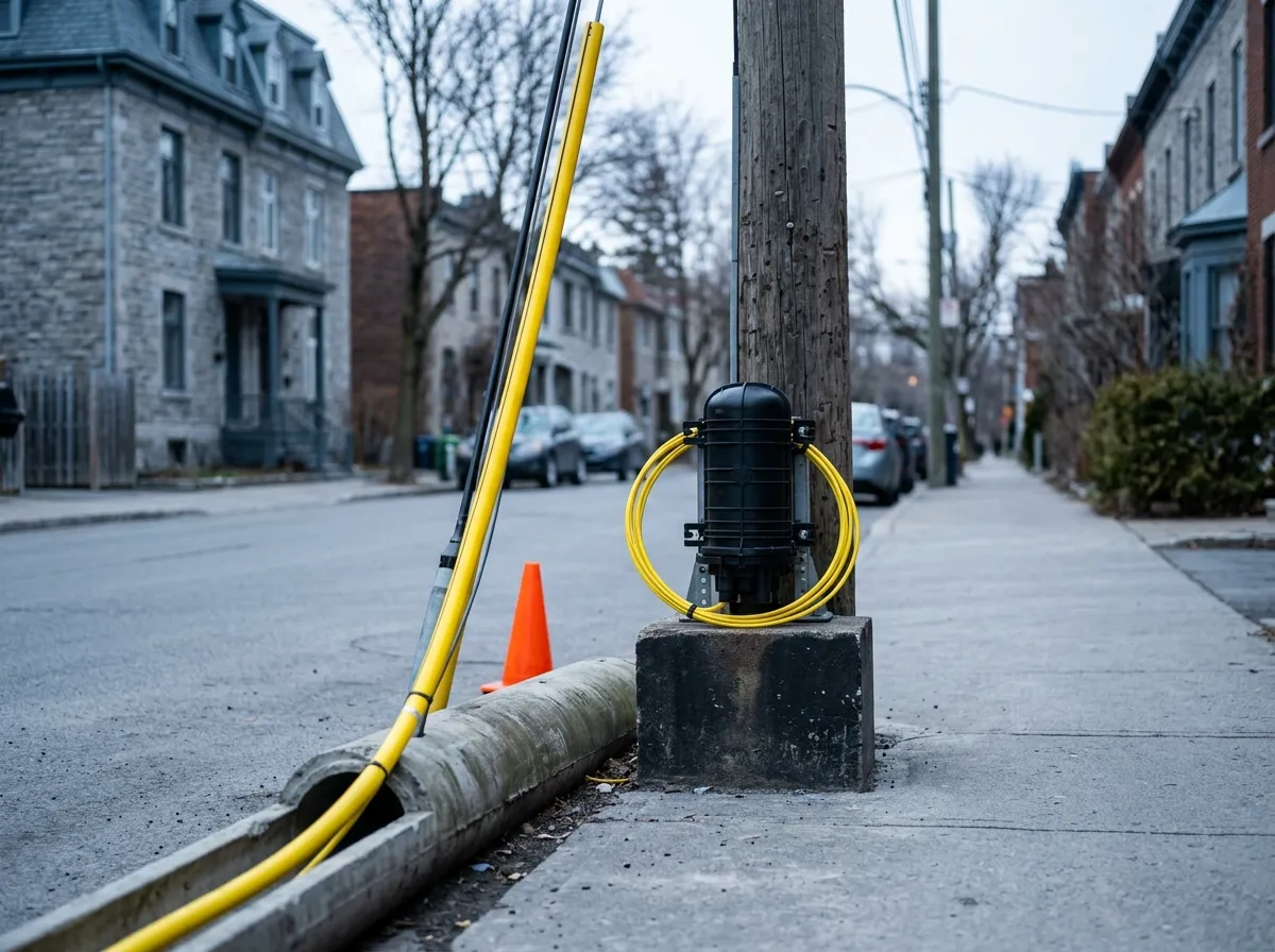A single-mode fiber cable entering metro ducting beside a splice closure on a city street, the route shared with midhaul transport