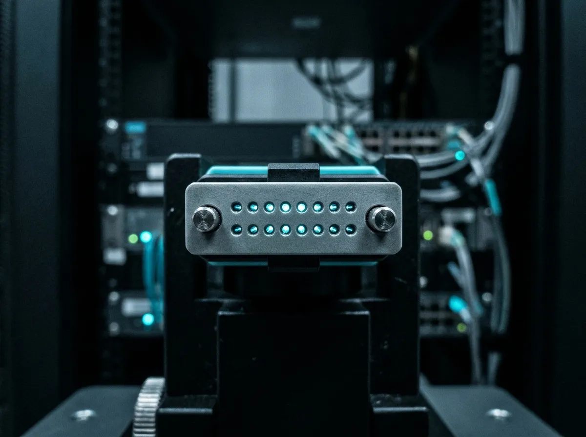 Extreme macro of a 16-fiber MPO ferrule end face under inspection, two rows of polished fiber cores catching cool cyan light, guide pins visible in the ceramic ferrule