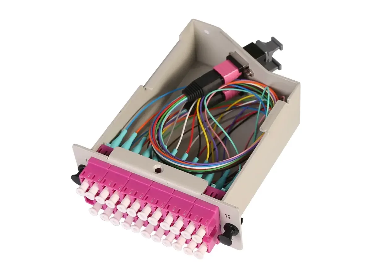 MPO cassettes in a high-density data center fiber cabling panel