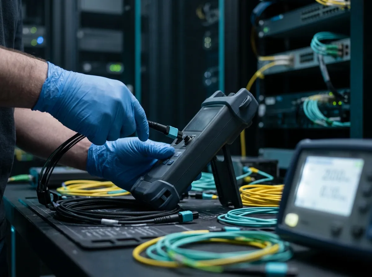 Technician in nitrile gloves connecting an MPO trunk to a handheld optical loss test set on a workbench, reference cords and a power meter glowing softly out of focus