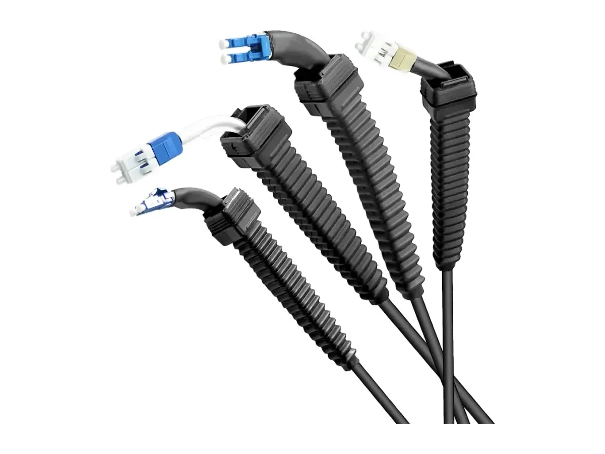 Four outdoor duplex LC fiber optic connectors with black ribbed sealing boots and strain relief bodies