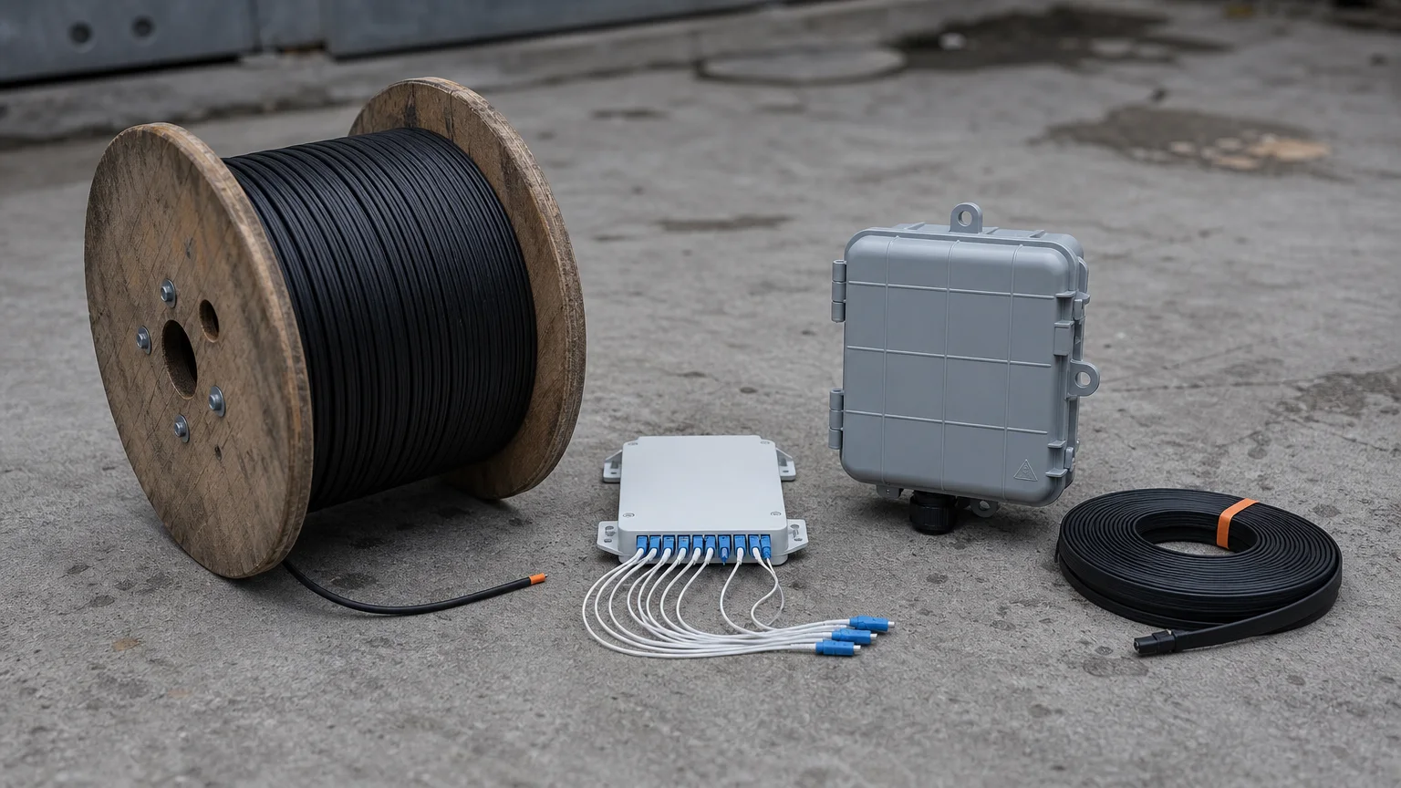 Fiber cable drum, PLC splitter module, access terminal box and flat drop cable laid out as the component set that builds an ODN