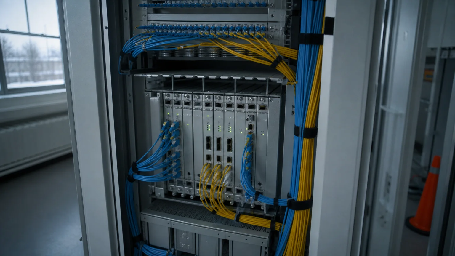 Line cards and fiber patch cords in a central office optical line terminal rack, the only powered part of a passive optical network