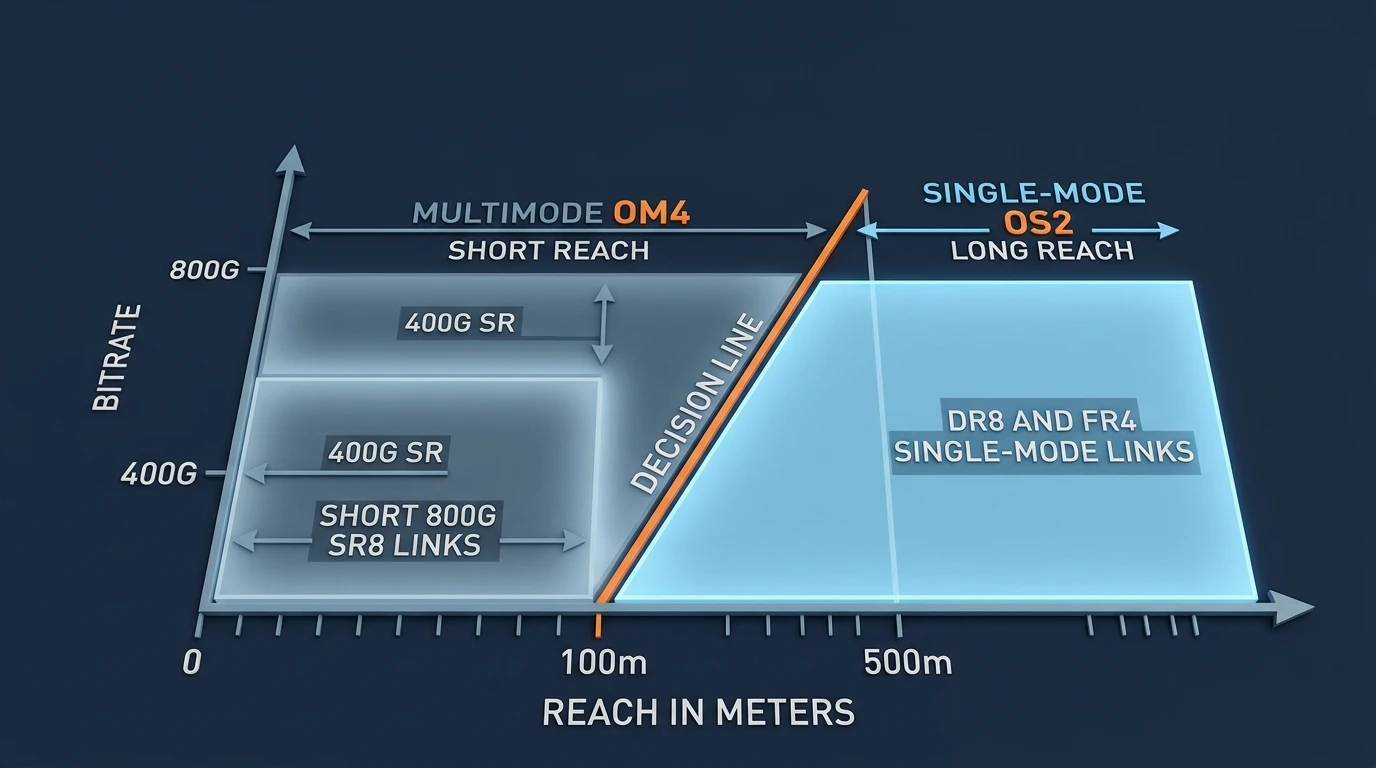 OM4 vs OS2 selection matrix for 400G/800G cabling: multimode short reach under 100 m versus single-mode long reach beyond 500 m