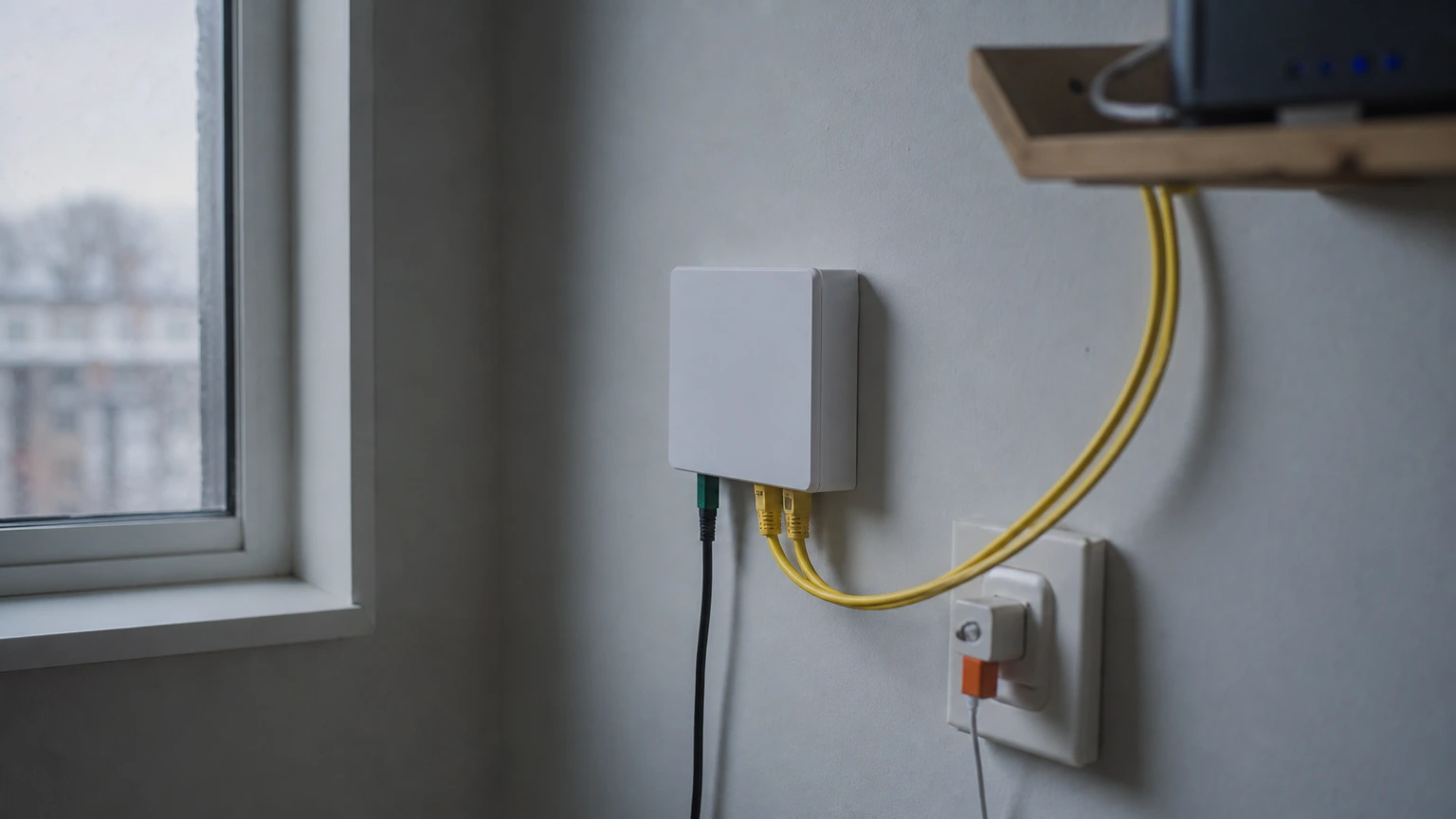A fiber optic network terminal installed on a subscriber's interior wall with a short fiber patch cord and Ethernet cabling