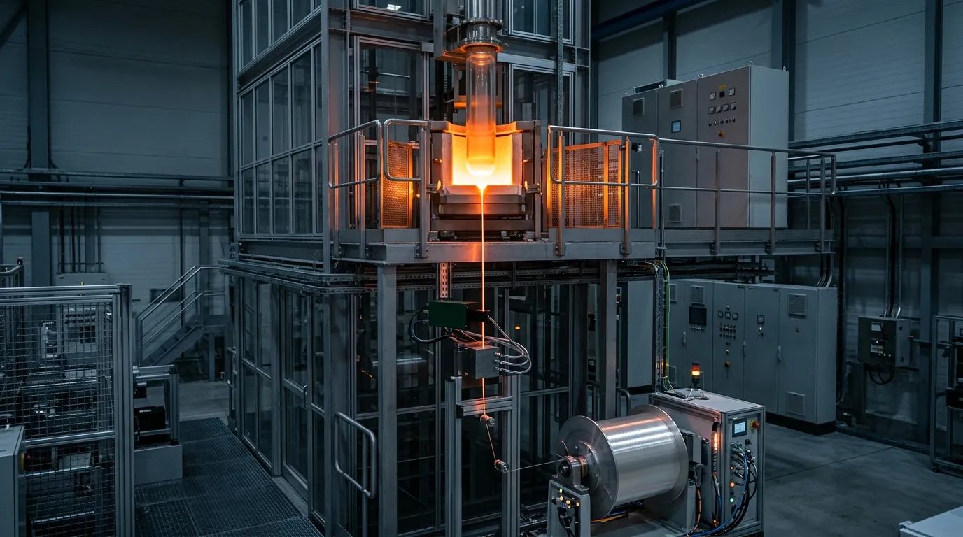 Fiber draw tower with a glowing preform entering the graphite furnace and a hair-thin fiber drawn down to a take-up spool.