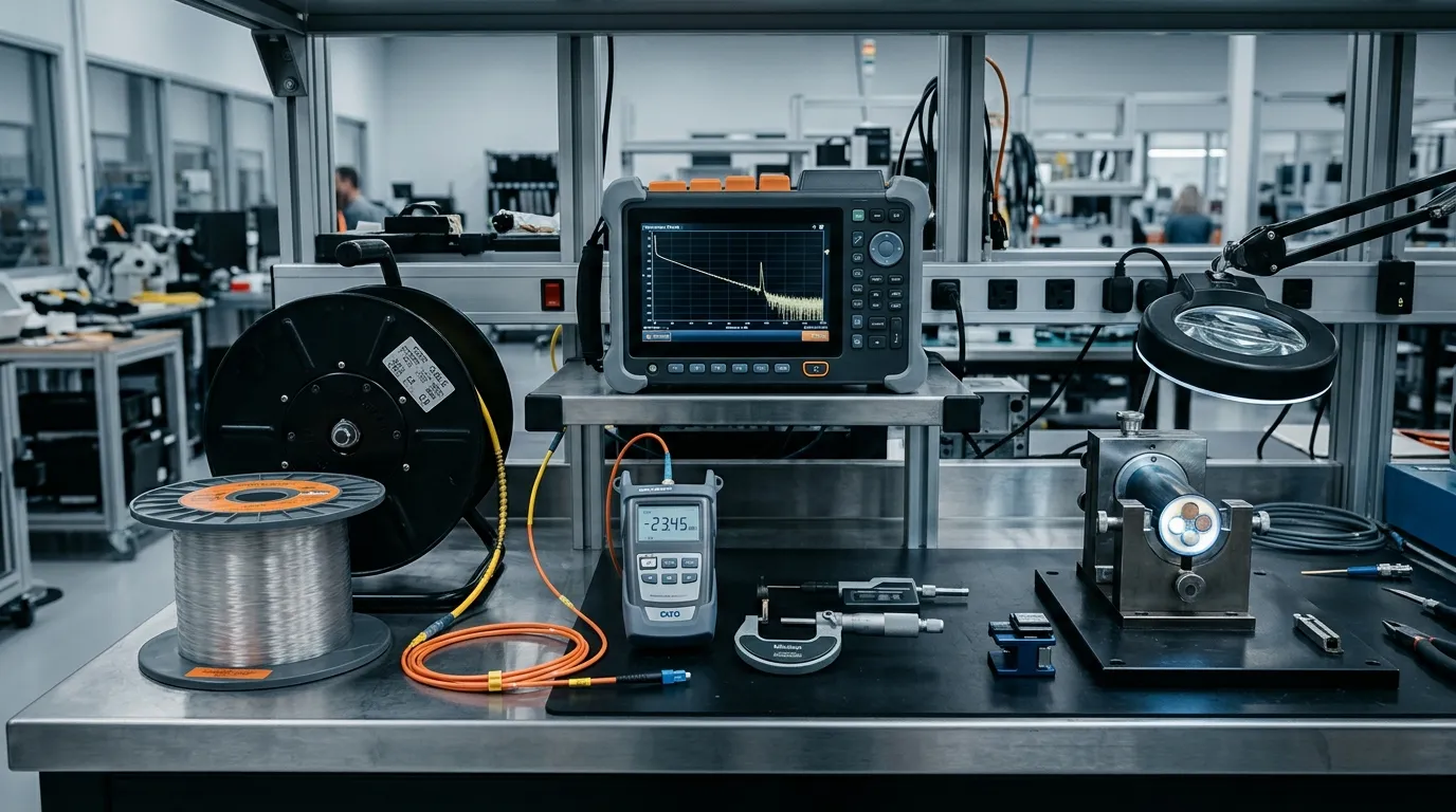 Fiber optic QC test bench with a rack-mounted OTDR showing an attenuation trace, a coiled test fiber and a cable reel.
