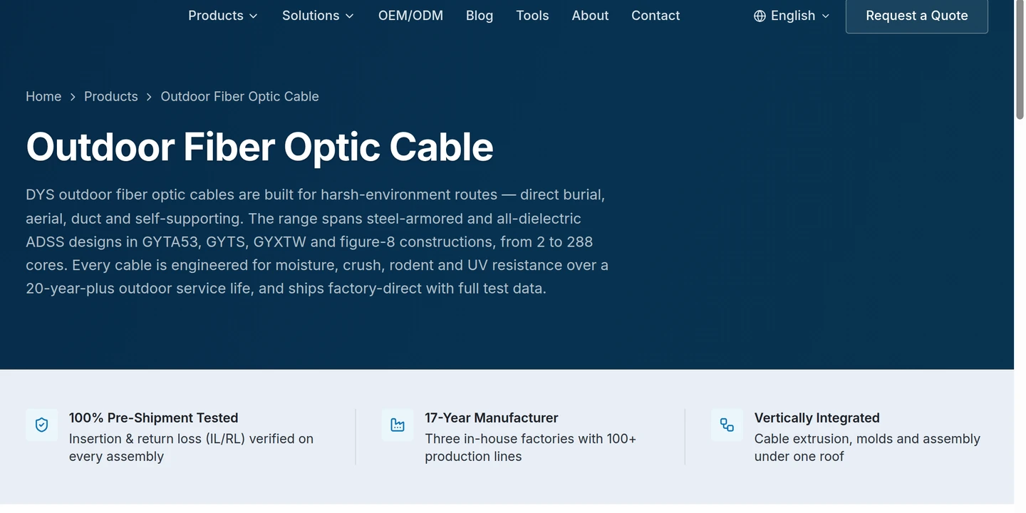 The DYS outdoor fiber optic cable range page naming direct-burial, aerial, duct and self-supporting routes and the GYTA53, GYTS, GYXTW and figure-8 steel-armored and all-dielectric ADSS constructions