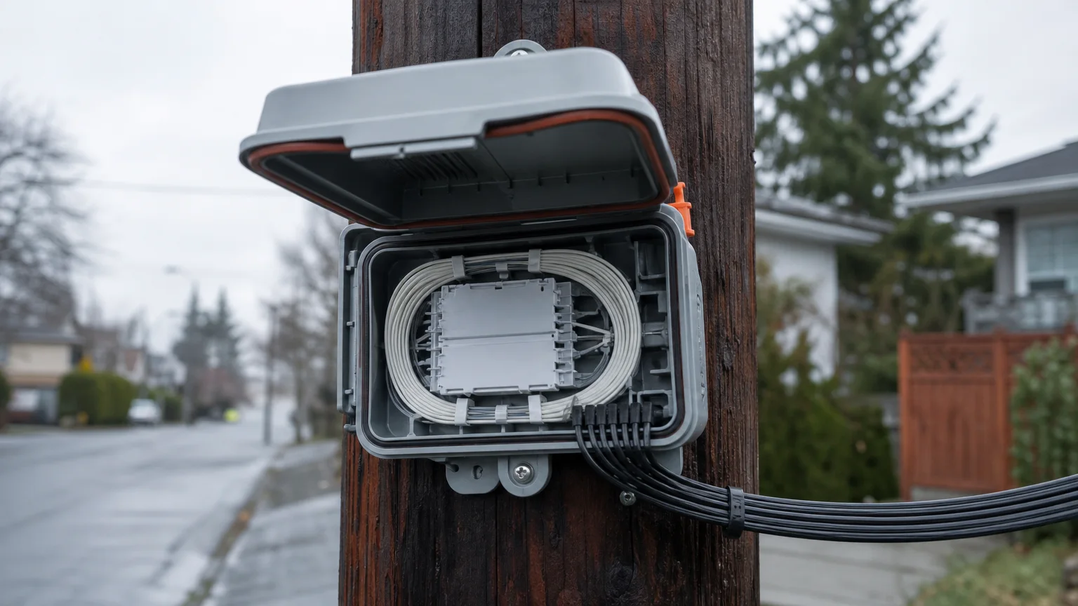 A sealed fiber splitter closure on a utility pole with flat drop cables fanned out toward nearby homes