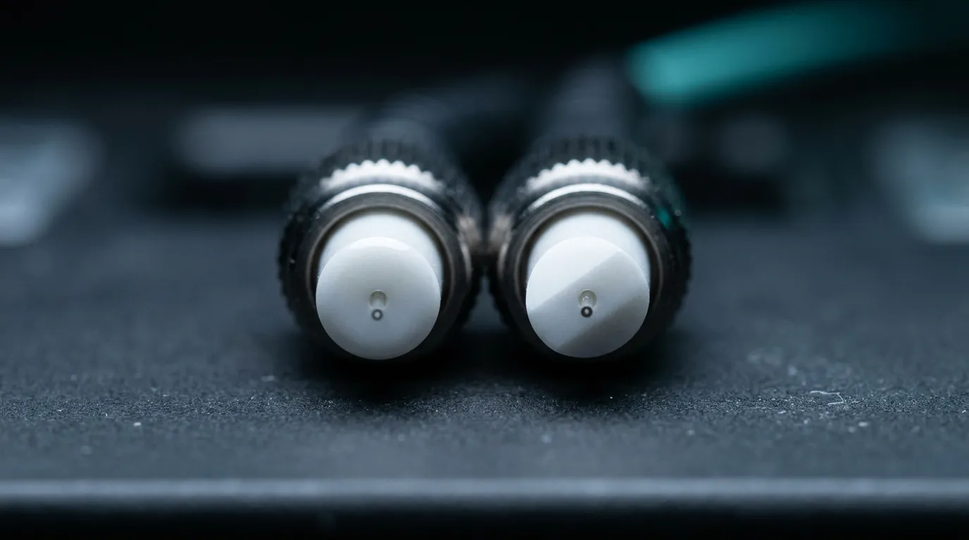 Macro comparison of a flat domed PC ferrule endface beside an eight degree angled APC ferrule endface