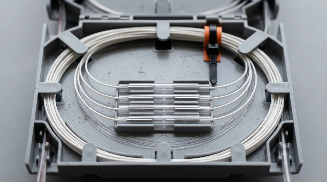 Fiber pigtails coiled inside a splice tray with heat-shrink splice protectors, showing the routing and bend-radius discipline of a finished termination