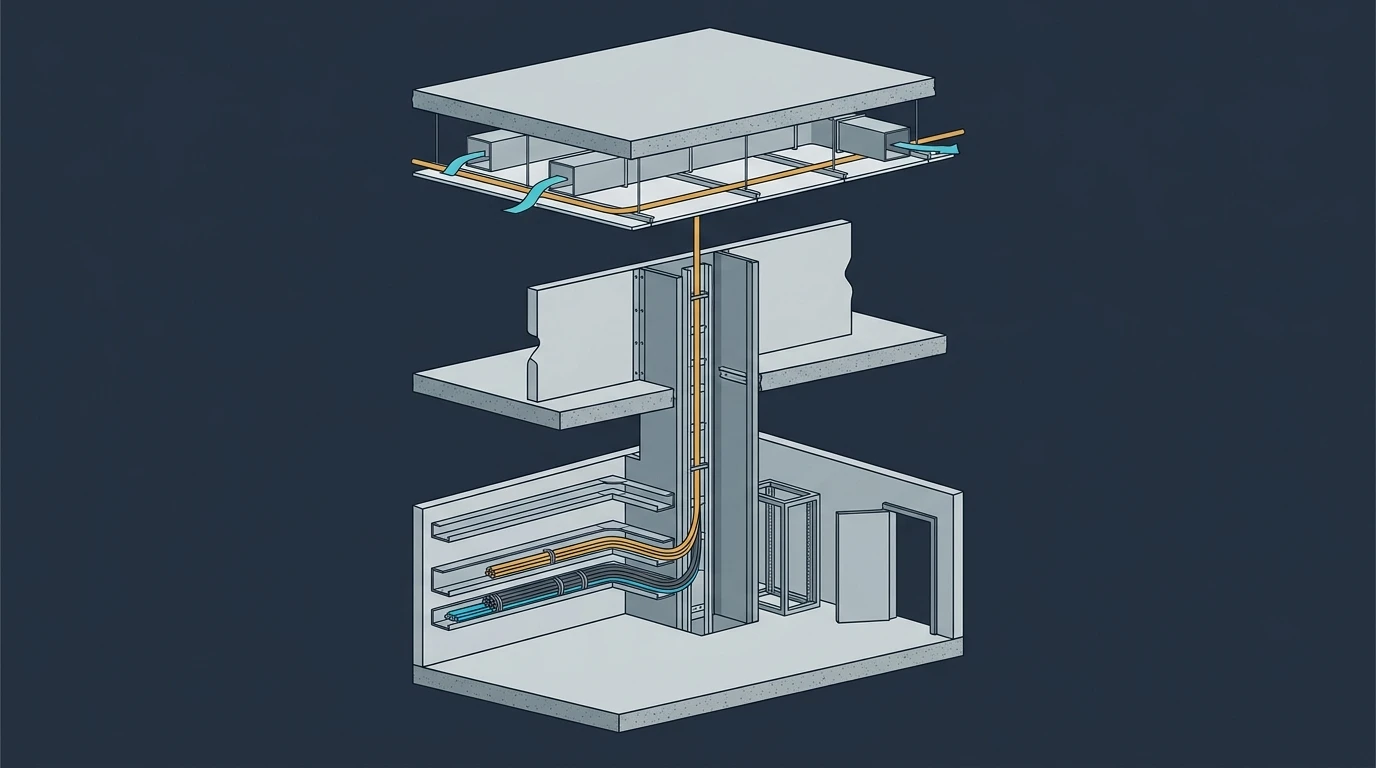 Three building spaces stacked from plenum to riser to general purpose, each carrying a cable of its own construction
