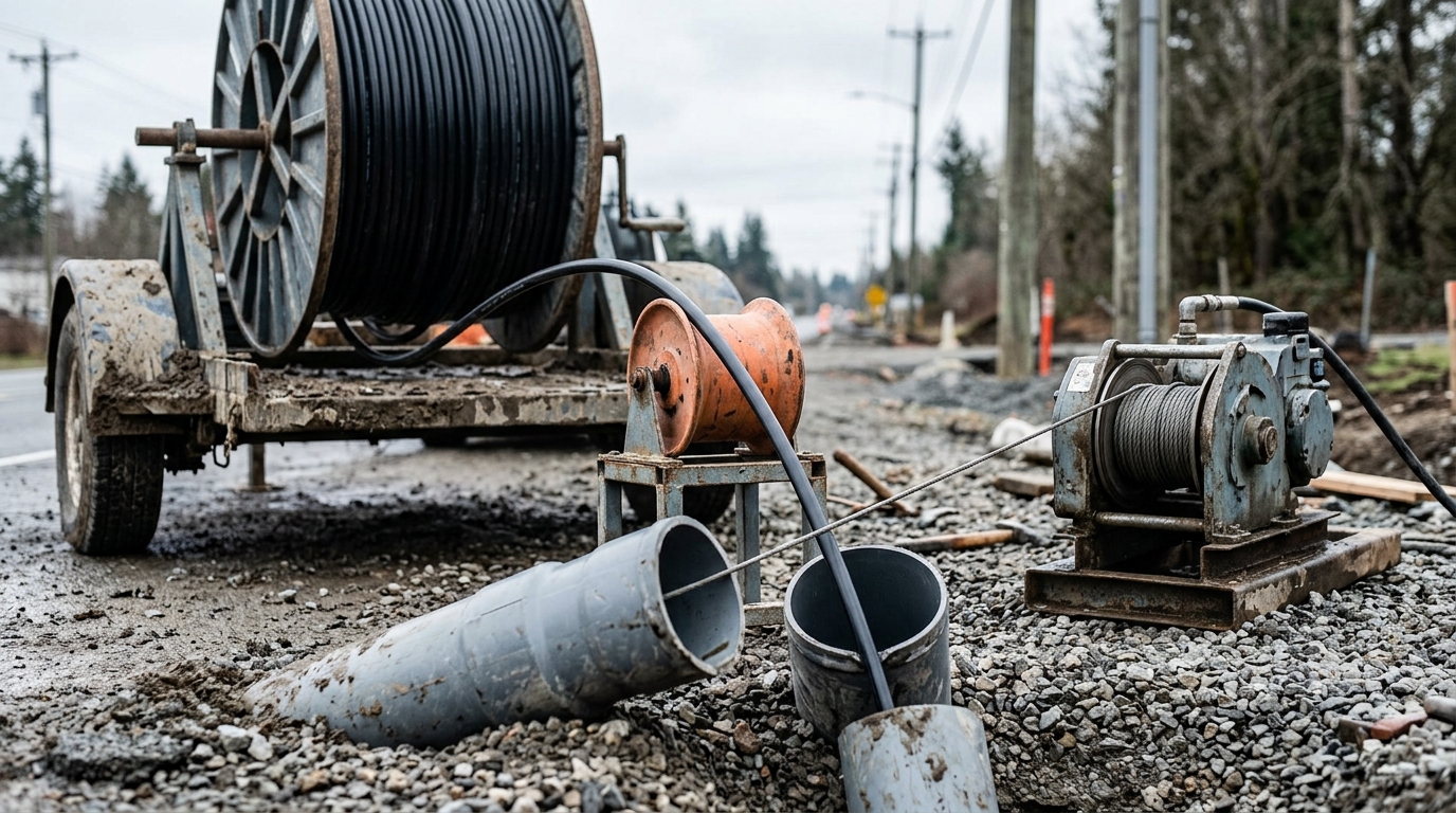 Roadside fiber optic cable pull showing a reel paying cable through a sheave into a duct mouth while a winch tensions the pull rope