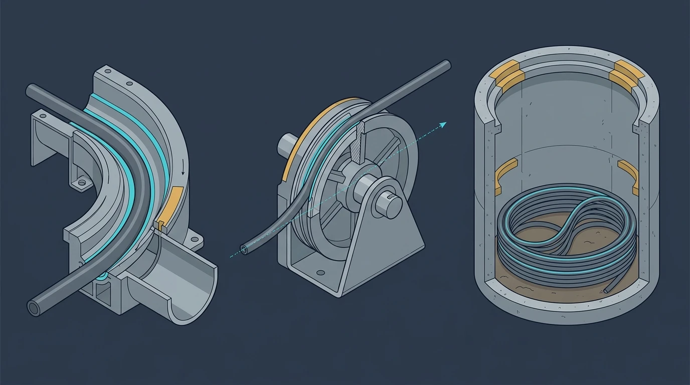 Illustration of the three most common bend radius violation points on a fiber route: transition, sheave and slack loop