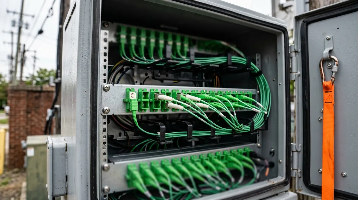 FTTH optical distribution frame with green SC/APC adapters and patch cords in an outdoor telecom cabinet