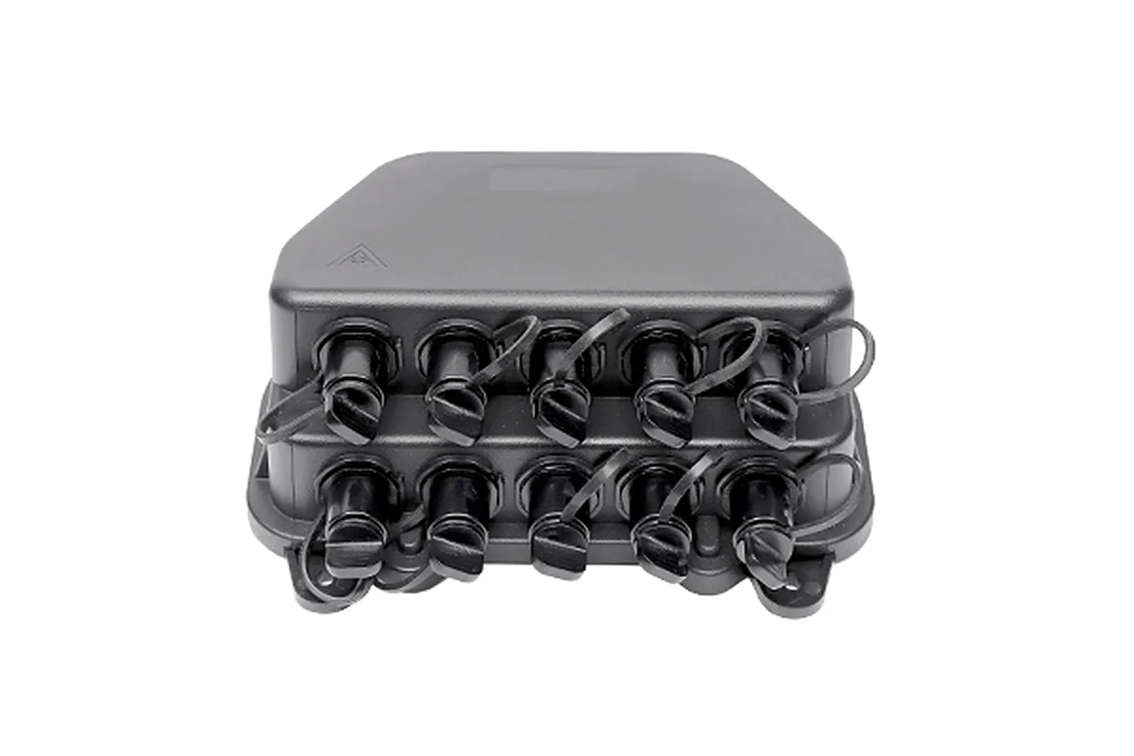 Sealed fiber optic adapter ports with tethered dust caps on an outdoor distribution enclosure