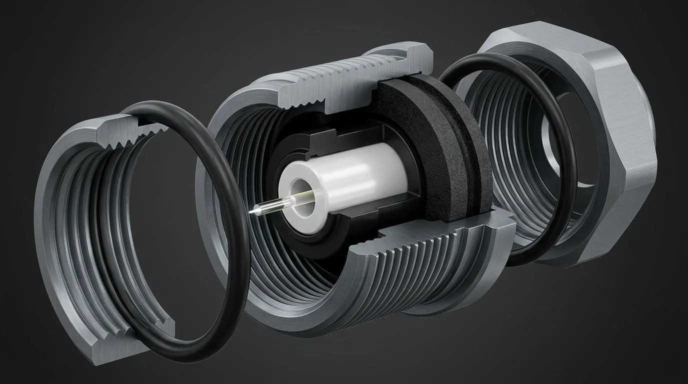 Cutaway of a sealed outdoor fiber optic connector showing the O-ring, gasket, threaded coupling gland and ceramic ferrule that provide ingress protection