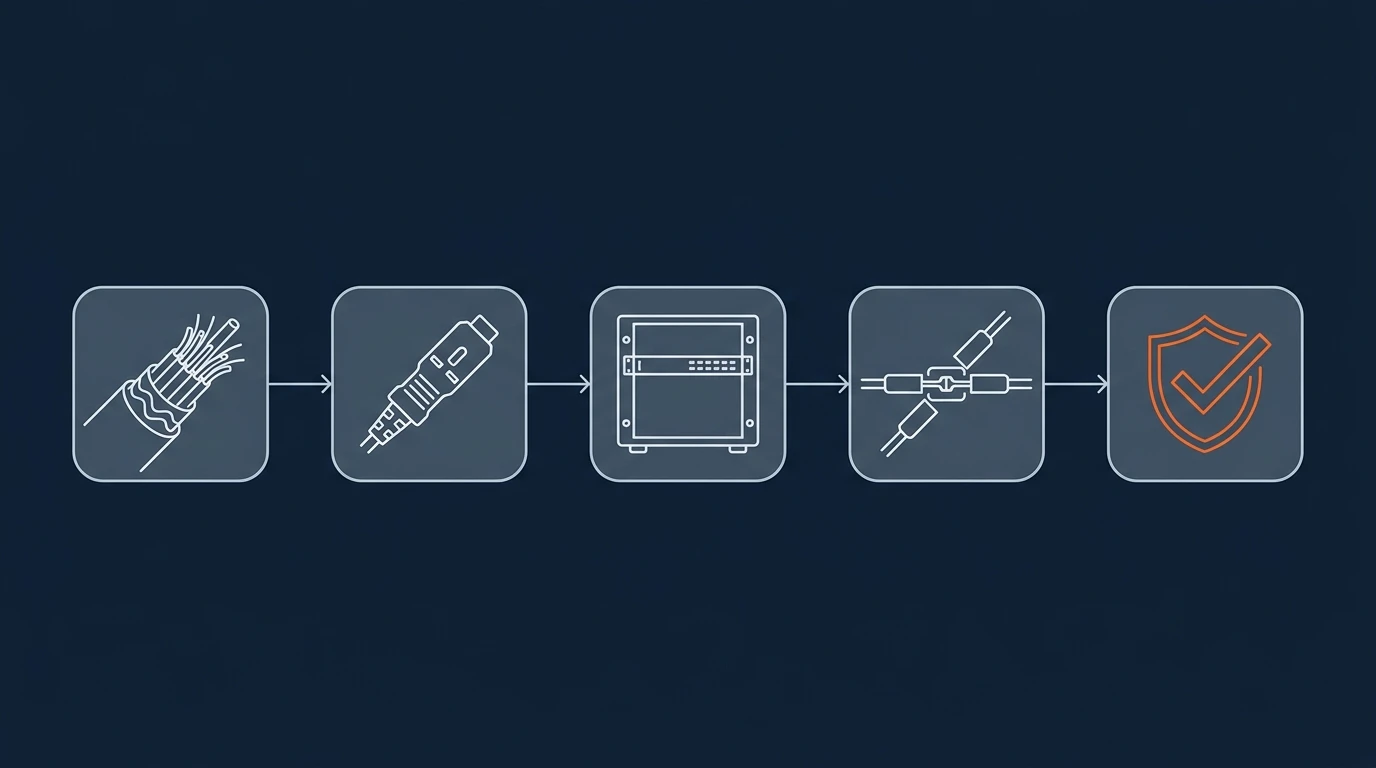 Five-step fiber patch panel selection workflow from fiber count and connector type through rack density, termination, and panel verification