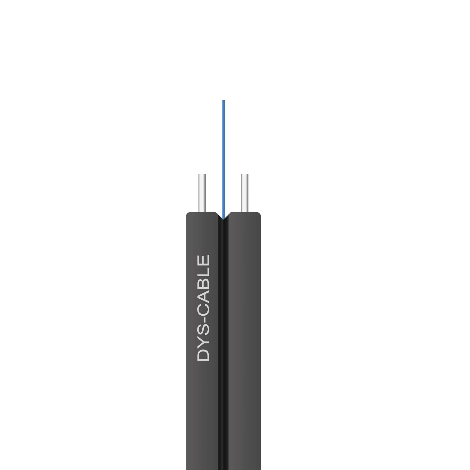 Cut end of a flat drop cable showing its two strength members, single fiber unit and black jacket