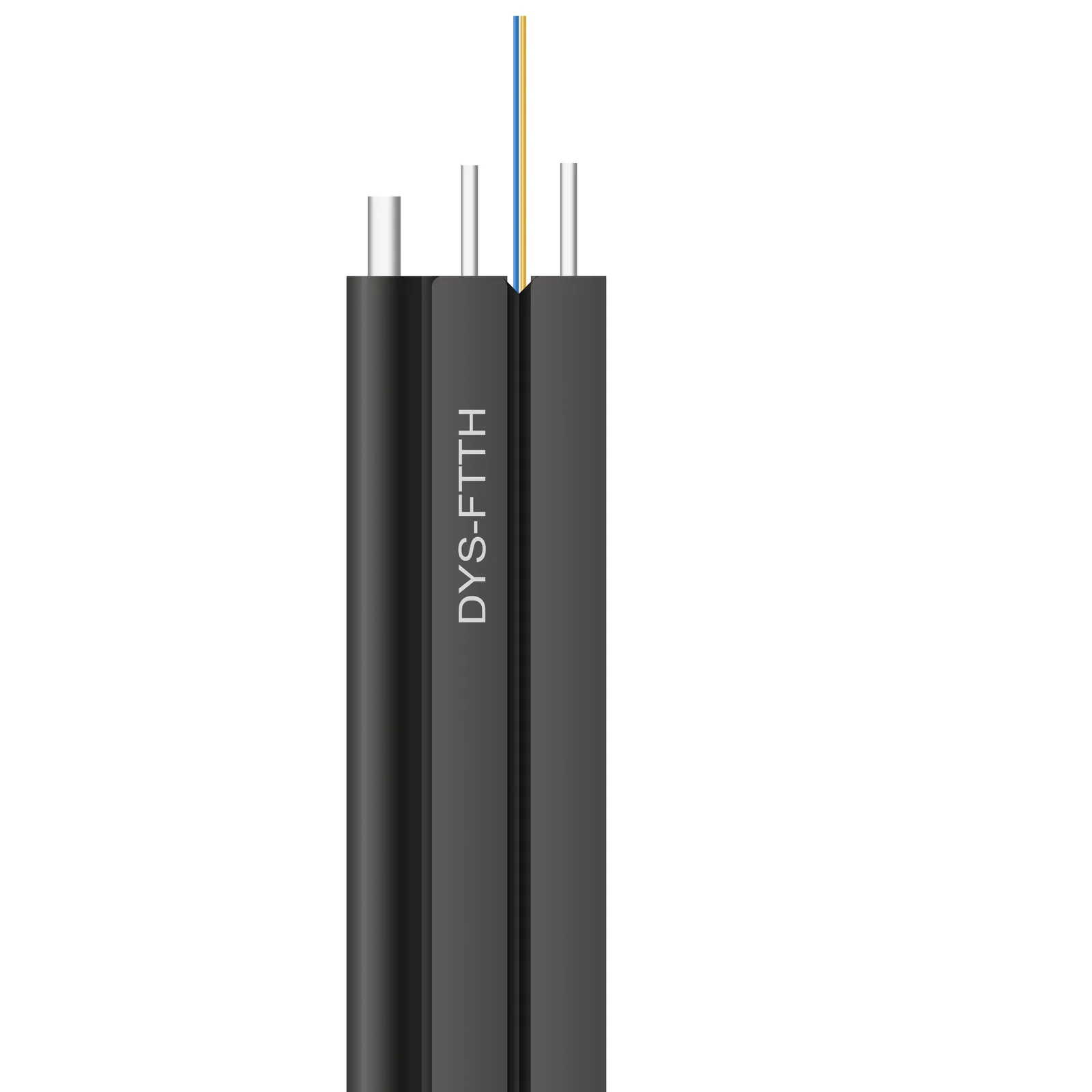 Self-supporting flat FTTH drop cable showing the flat profile, the dielectric strength members and the stripped fiber unit at the end of the jacket