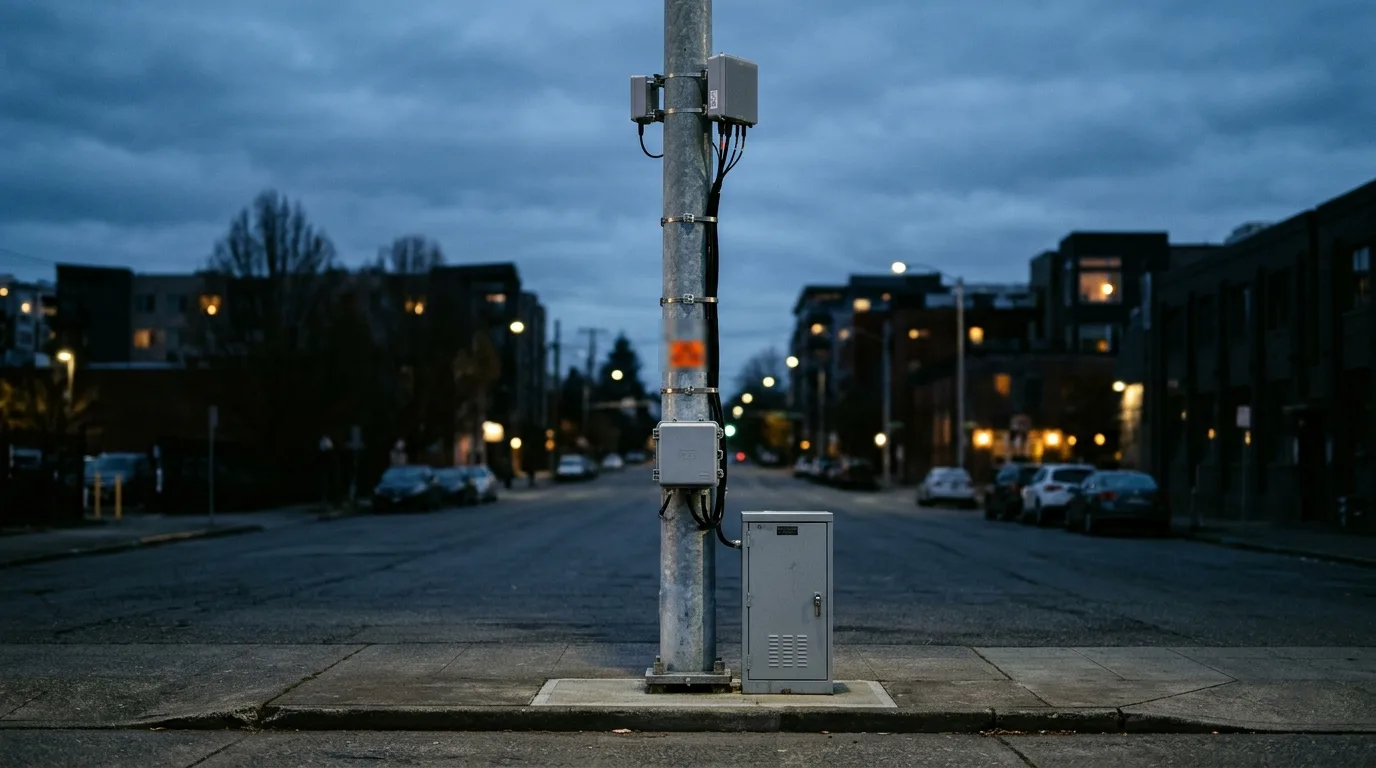 Pole-mounted 5G small cell radio with a single cable run down to a junction box and a power cabinet at the base