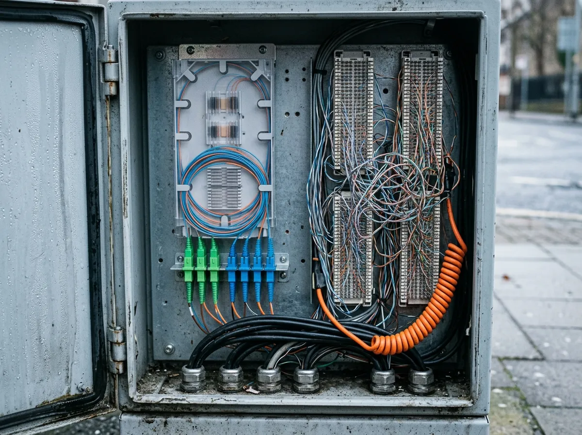 Interior of a street cabinet with fiber terminations and copper cross-connect blocks side by side
