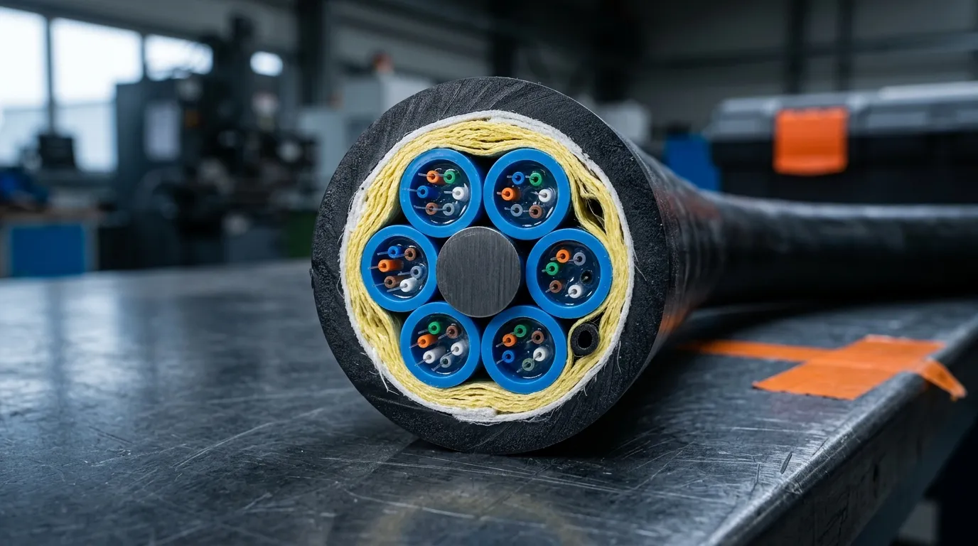 Polished cross-section of a stranded outdoor cable showing the strength member, loose tubes, aramid yarn, water-blocking tape and jacket.