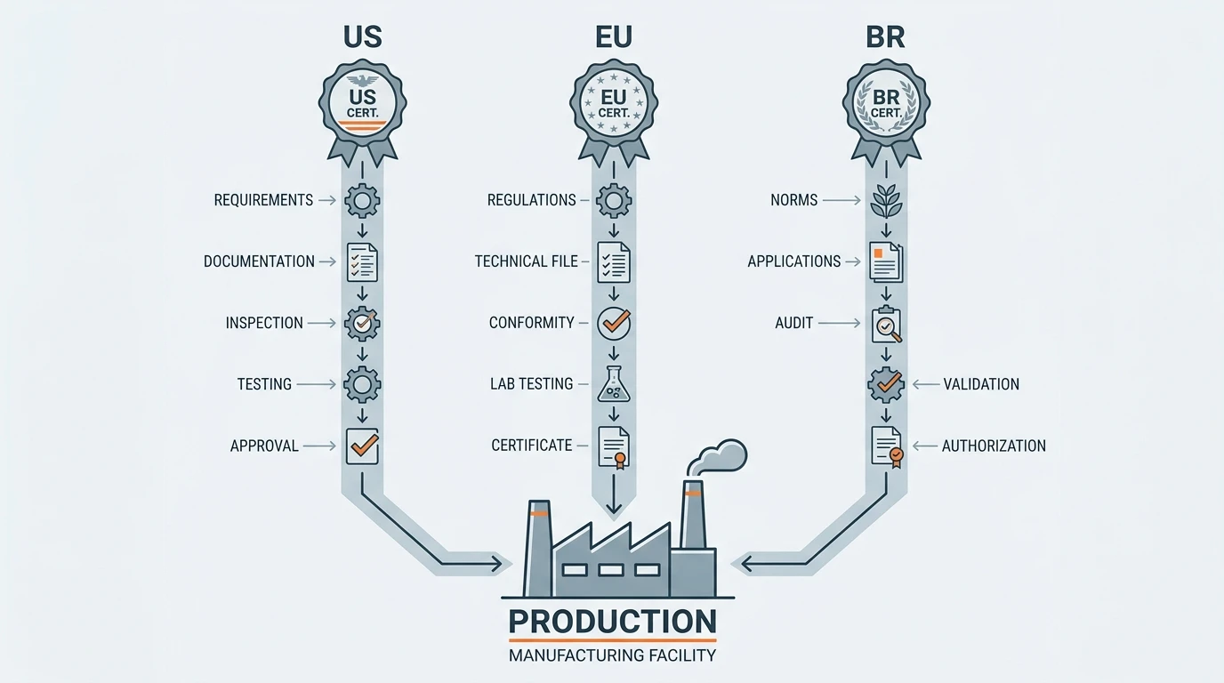 Technical schematic comparing UL, CPR and Anatel certification paths from one cable factory to US, EU and Brazil markets