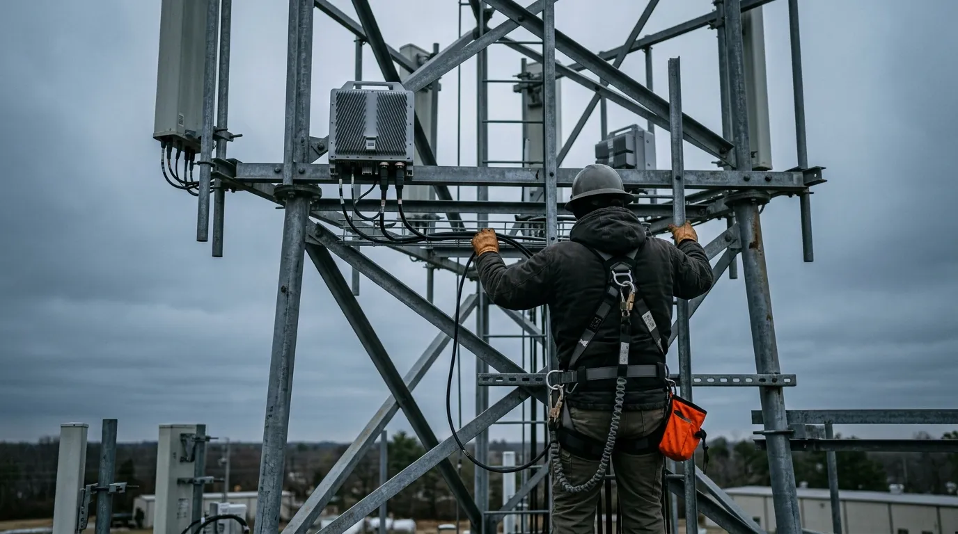 Technician on a steel cell tower inspecting a fiber optic jumper run beside remote radio units under overcast sky