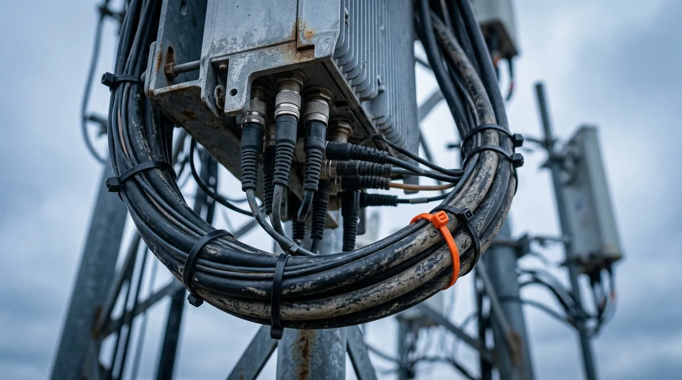 Sealed outdoor fiber optic jumper cables and connectors bundled at the remote radio unit mount on a steel cell tower