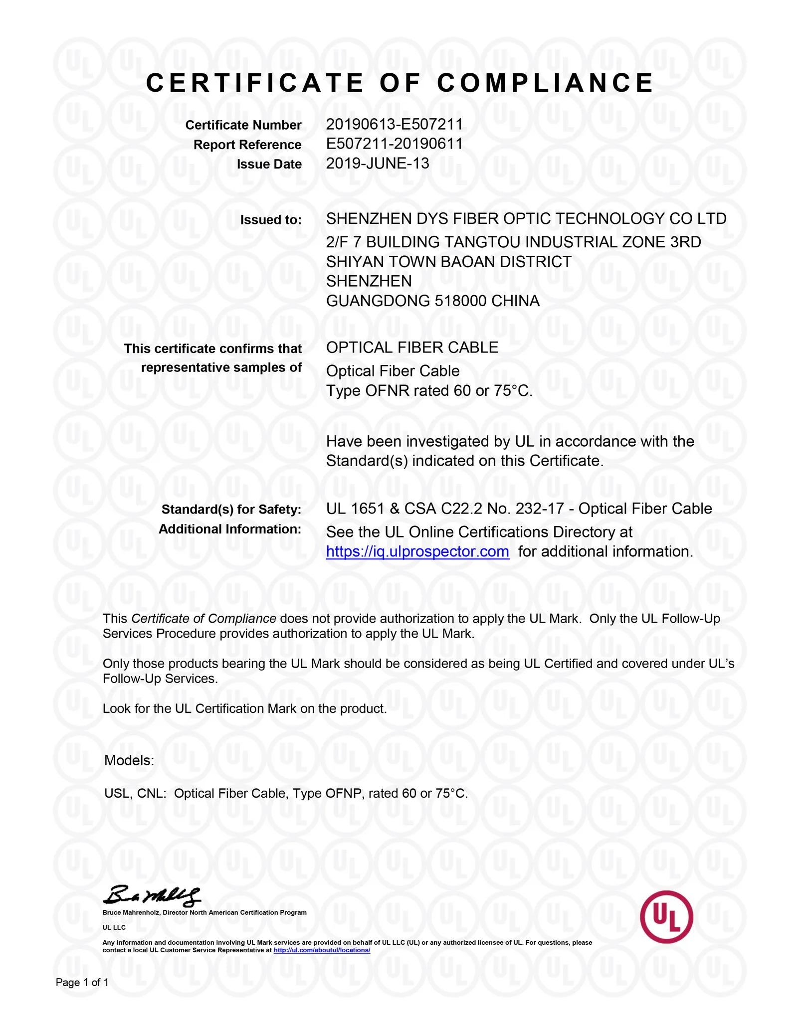 The UL certification document DYS Fiber Optic holds, showing file number, company name, standards, and plant details