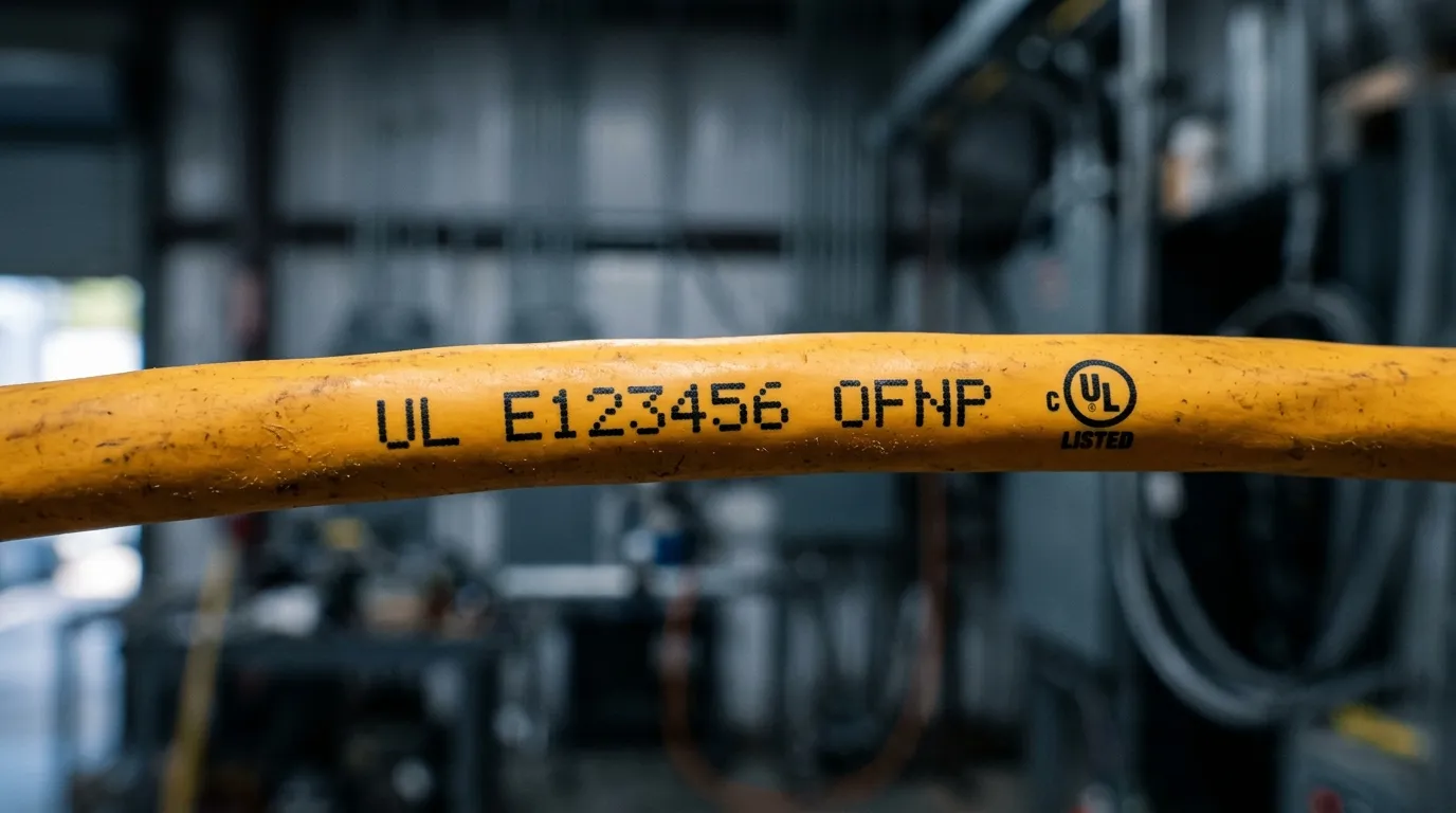 Close-up of a fiber optic cable jacket showing the UL certification mark, file number, and OFNP cable designation printed along the sheath