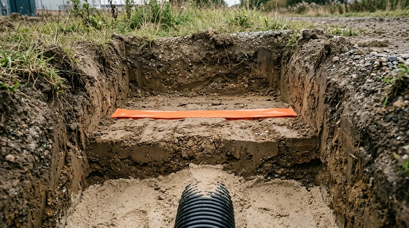 Orange warning tape laid on a tamped soil lift over the sand-covered duct in an open trench, half way between the duct and the ground surface