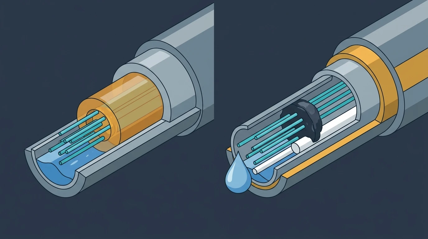 Cutaway comparing gel-filled and dry water-blocking in a loose tube, with water reaching an open tube end