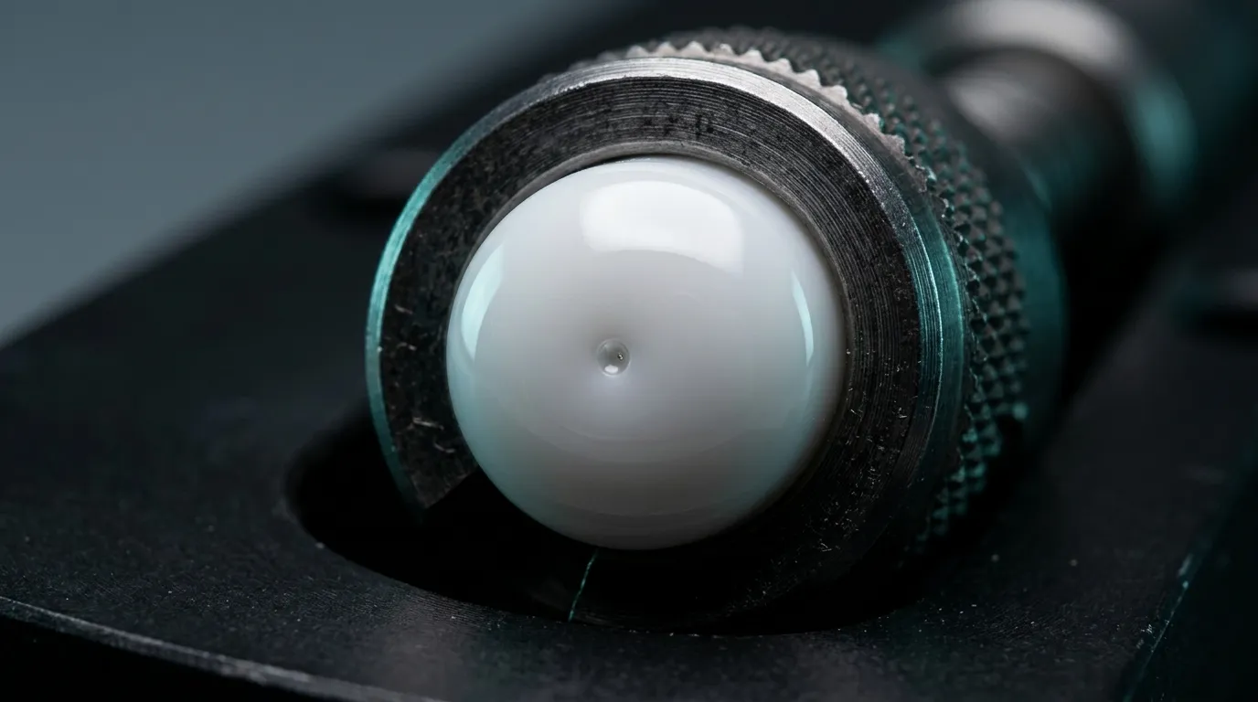 Macro view of a single zirconia ceramic ferrule endface, its convex polished dome centered in a metal connector body