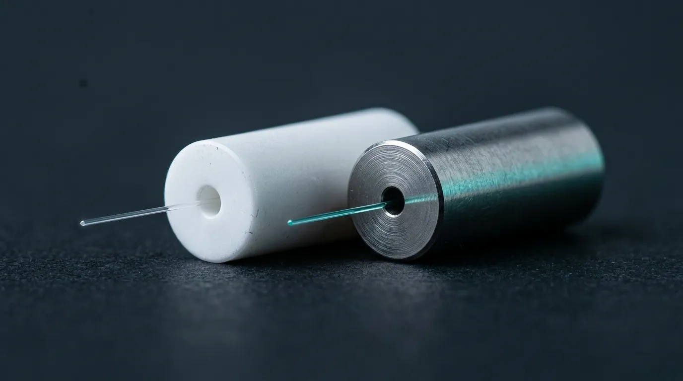 A white zirconia ceramic ferrule and a machined stainless steel ferrule side by side, each threaded with a bare glass fiber