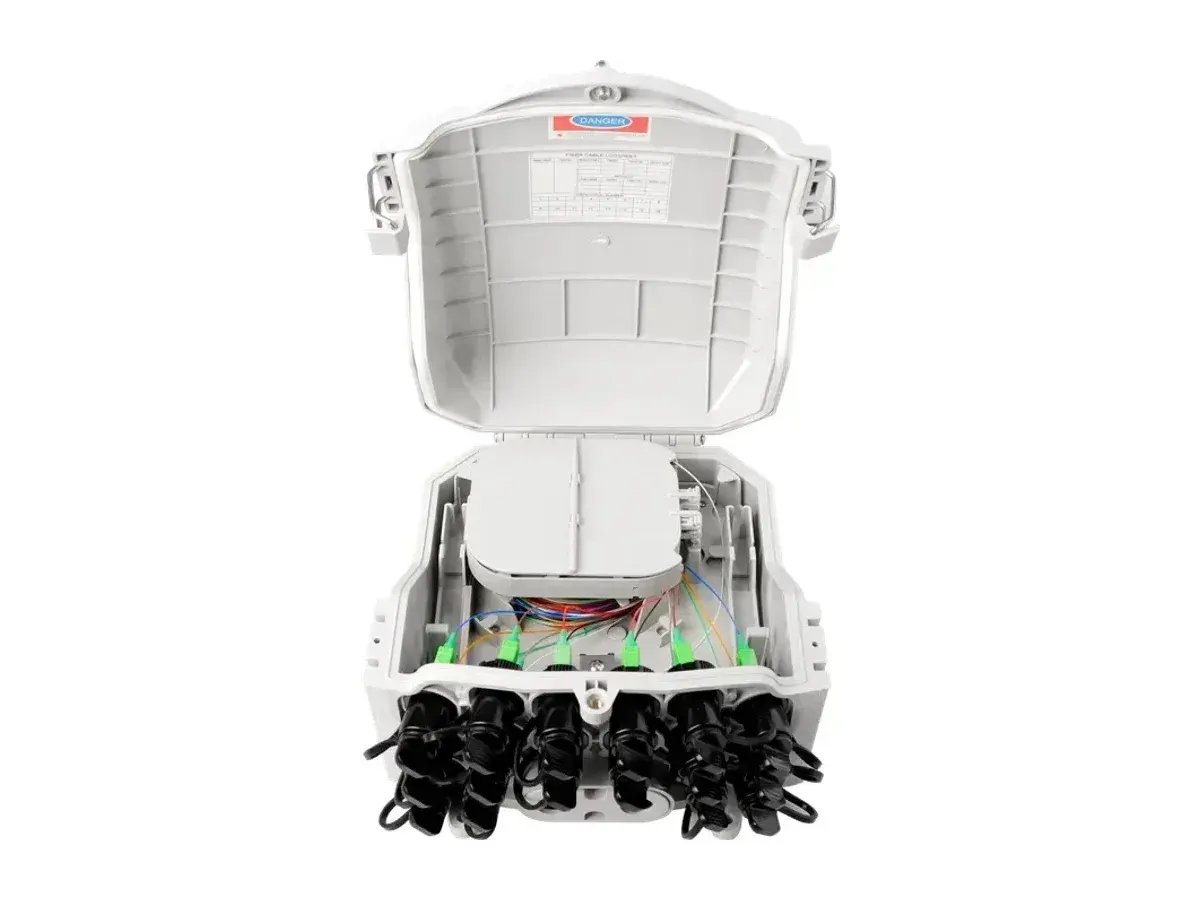 DYS FTTH-047 HUB Box open view with flip-up distribution panel