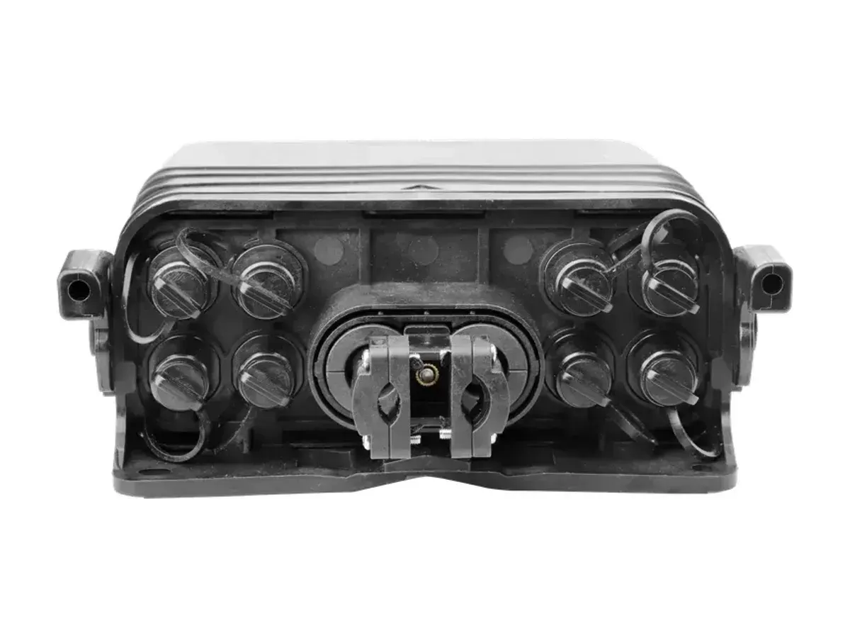DYS FTTH-144 distribution box front view with sealed pre-connectorized ports